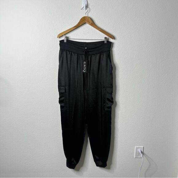 NWT GSTQ Black Satin Jogger Cargo Pants Womens Size XL - Picture 4 of 9
